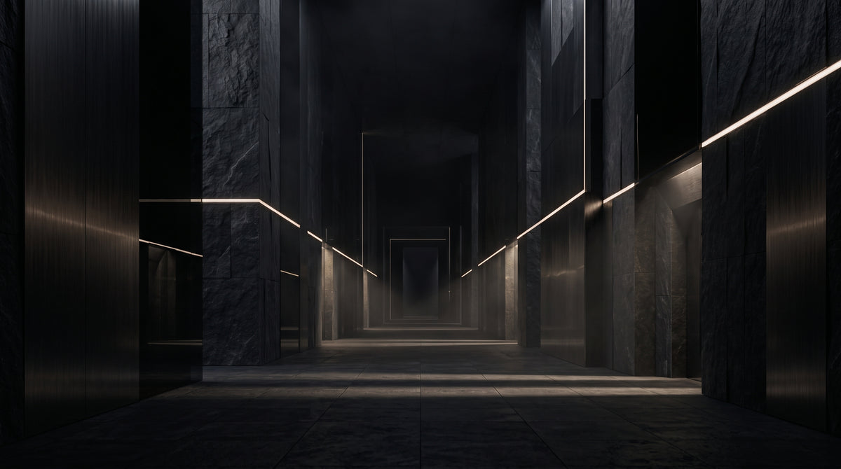Dark minimalist architectural corridor with restrained linear lighting